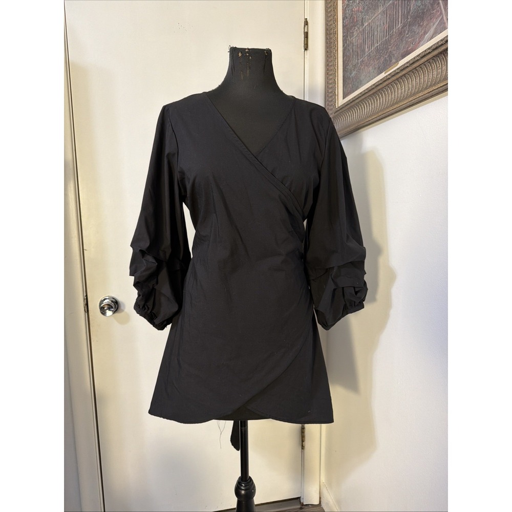 New York & Comany Wrap Stretch Blouse Black Sz L Ballon 3/4 Sleeve Asymmetrical